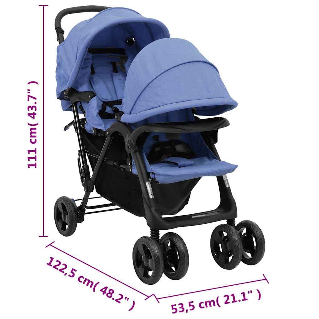 vidaXL Cărucior pentru gemeni în tandem, bleumarin, oțel