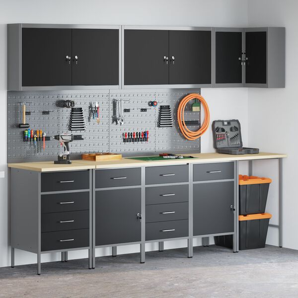 vidaXL Set dulap lucru & panou cârlige, 12 piese, negru, MDF & metal