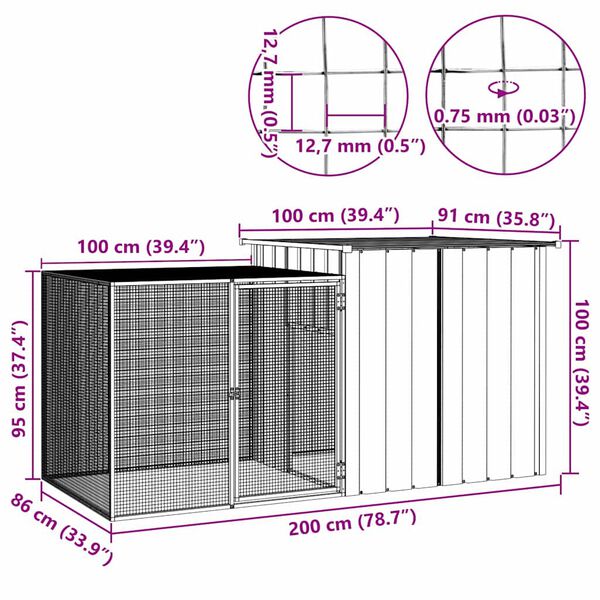 vidaXL Coteț pentru păsări, gri, 200x91x100 cm, oțel galvanizat