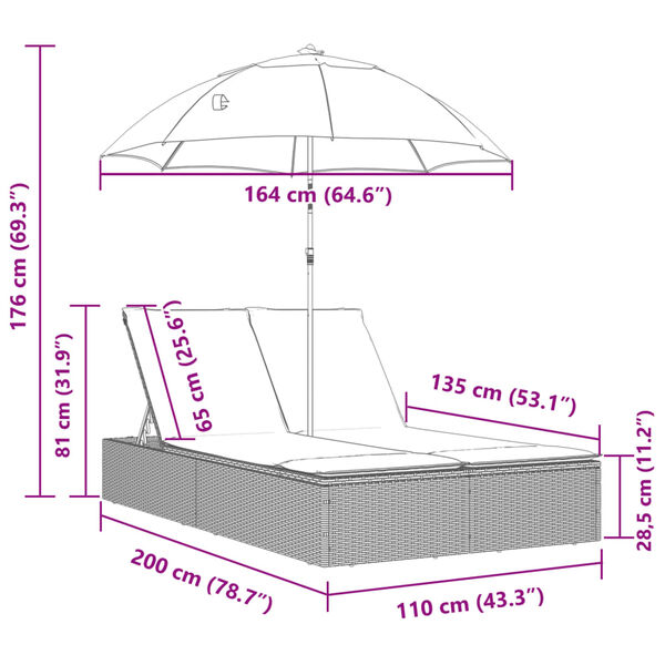 vidaXL Șezlong dublu cu perne/umbrelă de soare, bej, poliratan